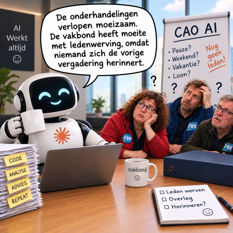 Cartoon van een vrolijke AI robot aan de onderhandeltafel met drie vermoeide vakbondsmensen. De robot zegt dat de onderhandelingen moeizaam verlopen. De vakbond heeft moeite met ledenwerving, omdat niemand zich de vorige vergadering herinnert.
